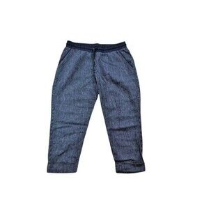 Athleta Linen Pants Womens Size 12 Petite Bali Cropped Blue Stripe Beach Pockets
